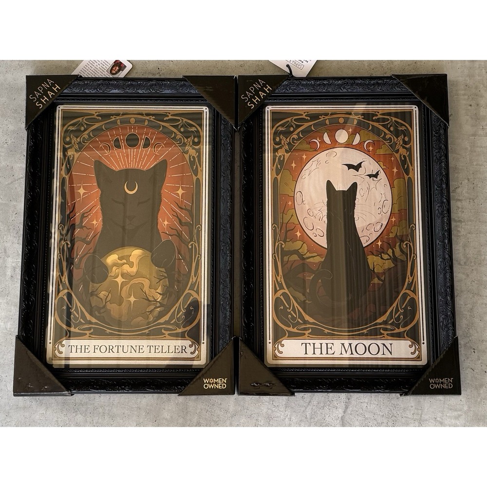 Set of 2 Sapna Shah Tarot Card The Fortune Teller The Moon Black Frame New Cat